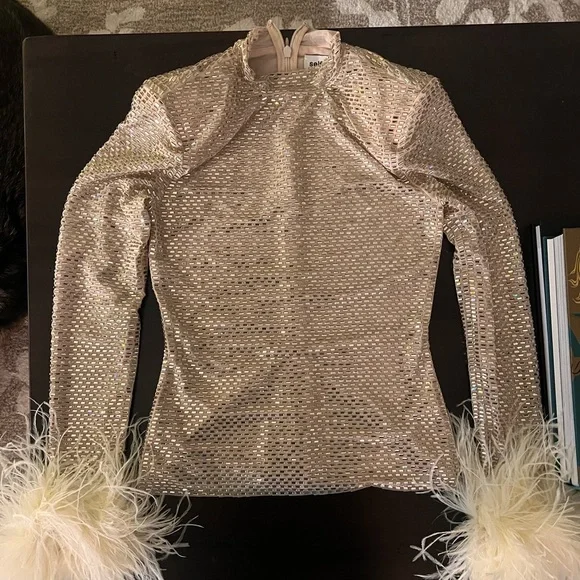 Self-Portrait, CHAMPAGNE RHINESTONE FEATHER TOP - Picture 9 of 17